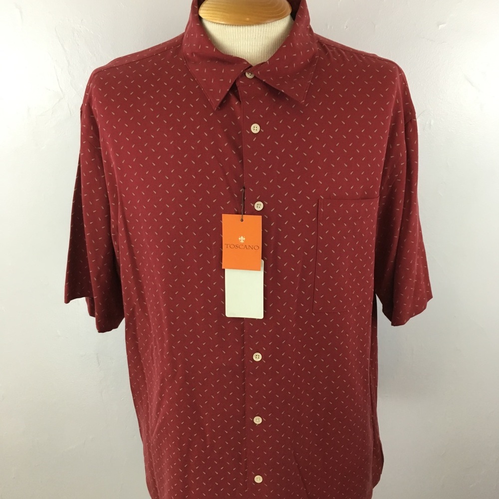 Toscano button down 100% silk short sleeves casual shirt red tan x large xl